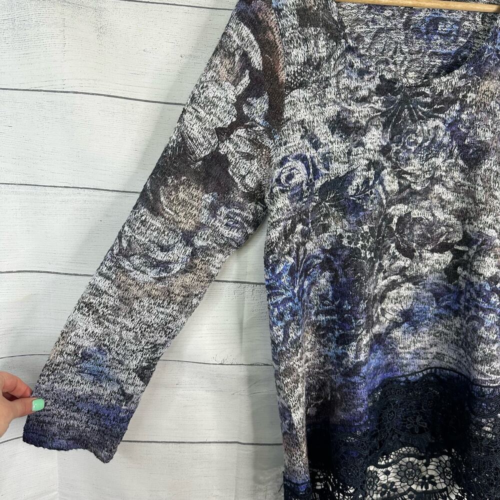 One World Women Large Lace Hem Knit Floral Sweater Tunic Artsy Hippie Lagenlook - Picture 5 of 12